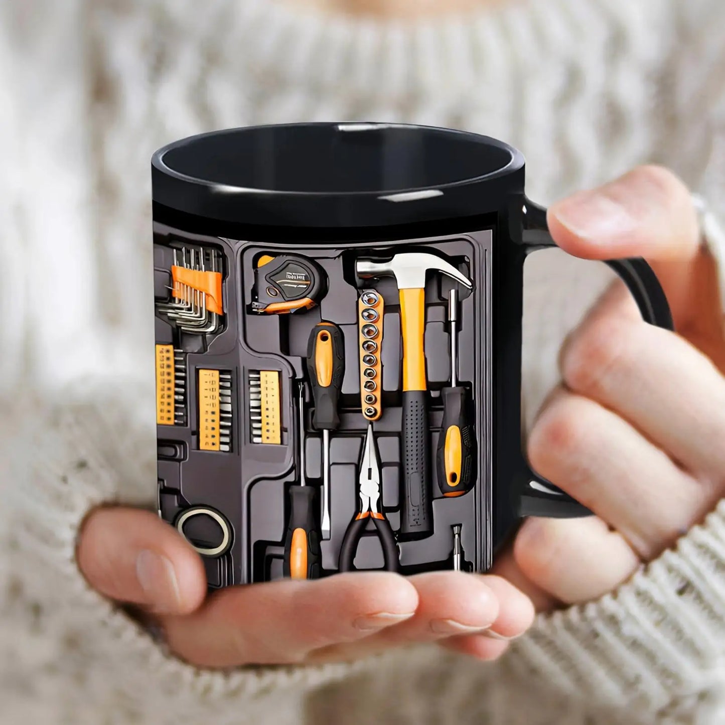 Coffee Cup Toolbox Themed C-Shaped Handle Mechanic's Toolbox Mug for Husband Dad Birthday Christmas Thanksgiving Cappuccino