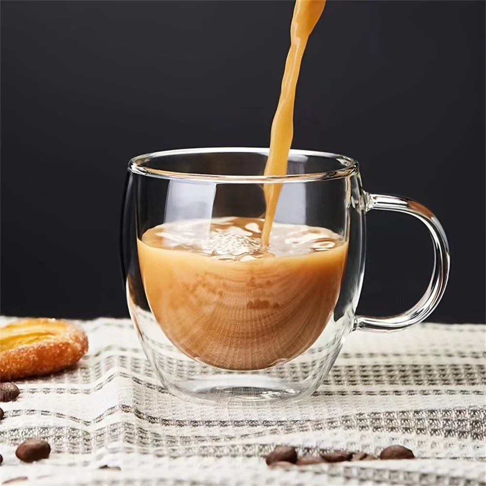 1pc Double Walled Glass Coffee Mug 250ml Clear Glass Espresso Shot Cup with Handle for Hot/Cold Cappuccino, Latte, Tea