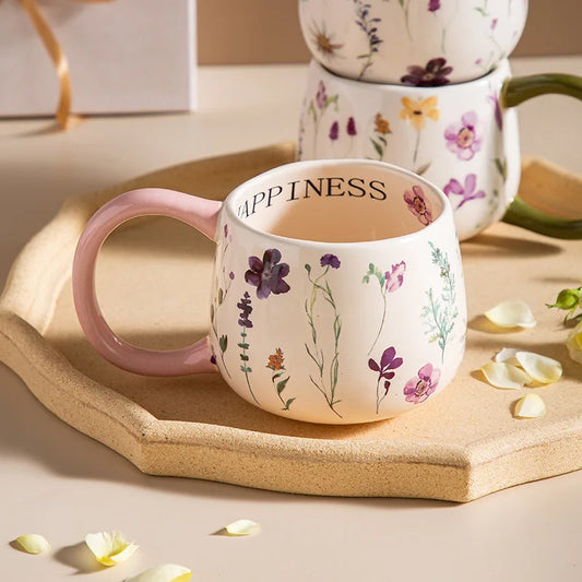 Colorful Floral 380ml Ceramic Coffee Cup with Abstract Large Handle Tea Cup Dining Table Decoration Afternoon Tea Mug Couple Mug