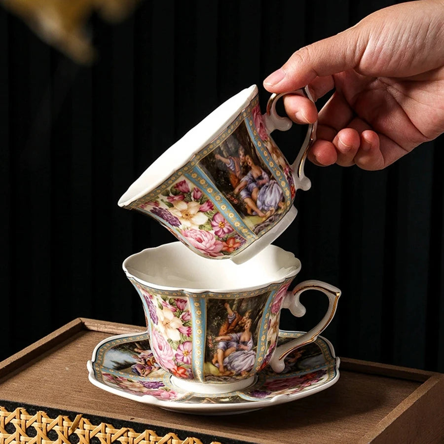 Coffee Cup and Saucer Set Ceramic Retro Seasons Flower Coffee Mug Euro Phnom Penh Latte, Espresso Cup Porcelain Drinkware Gift