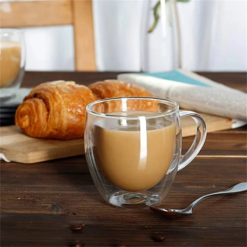 1pc Double Walled Glass Coffee Mug 250ml Clear Glass Espresso Shot Cup with Handle for Hot/Cold Cappuccino, Latte, Tea
