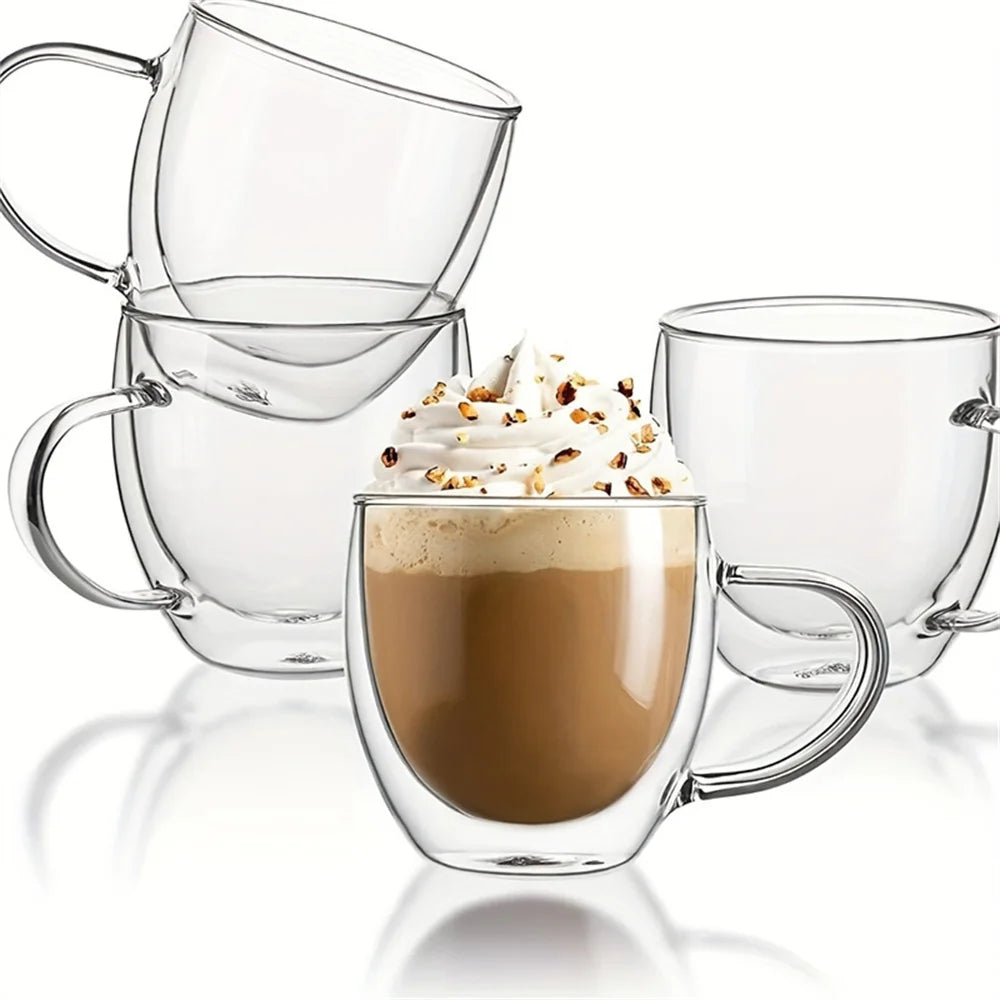 1pc Double Walled Glass Coffee Mug 250ml Clear Glass Espresso Shot Cup with Handle for Hot/Cold Cappuccino, Latte, Tea