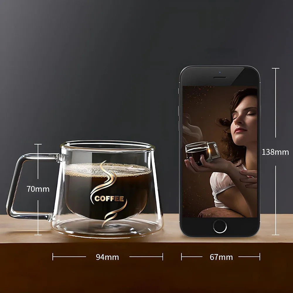 200ML Transparent Heat-resistant Espresso Cup Double Wall Glass Coffee Mug with Handle Cappuccino Latte Breakfast Tea Water Cups