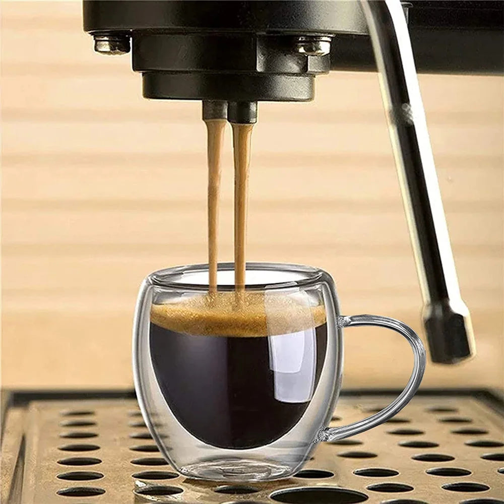1pc Double Walled Glass Coffee Mug 250ml Clear Glass Espresso Shot Cup with Handle for Hot/Cold Cappuccino, Latte, Tea