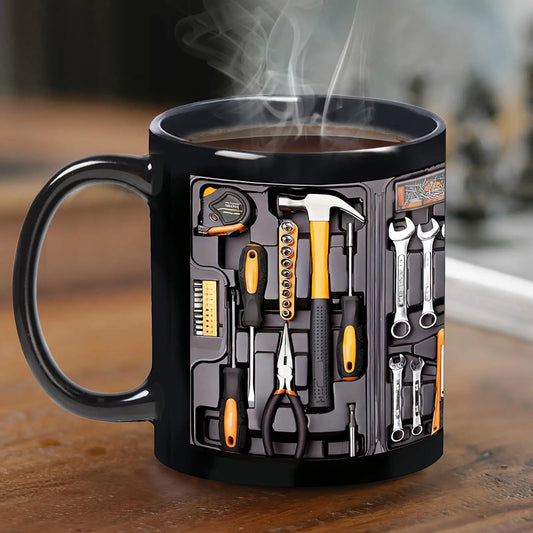 Coffee Cup Toolbox Themed C-Shaped Handle Mechanic's Toolbox Mug for Husband Dad Birthday Christmas Thanksgiving Cappuccino