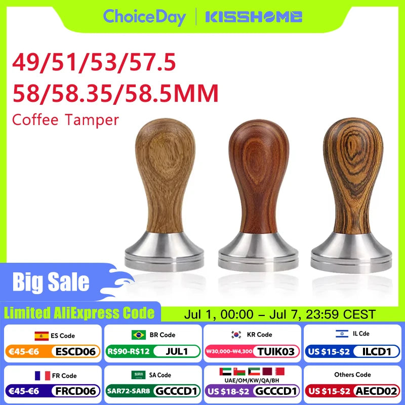 Coffee Tamper 41mm 49mm 51mm 53mm 57.5mm 58.35mm Wooden Handle Stainless Steel Delonghi Breville Barista Espresso Accessories