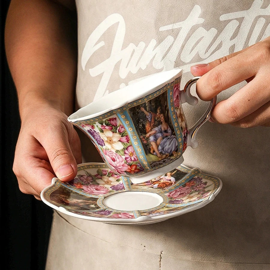 Coffee Cup and Saucer Set Ceramic Retro Seasons Flower Coffee Mug Euro Phnom Penh Latte, Espresso Cup Porcelain Drinkware Gift