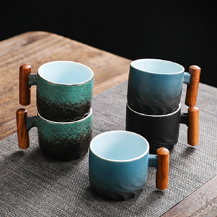 Ceramic retro coffee cup, office water cup, tea cup, wooden handle coffee cup, handmade tea coffee cup, birthday gift