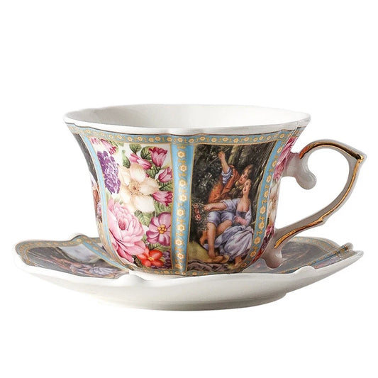 Coffee Cup and Saucer Set Ceramic Retro Seasons Flower Coffee Mug Euro Phnom Penh Latte, Espresso Cup Porcelain Drinkware Gift
