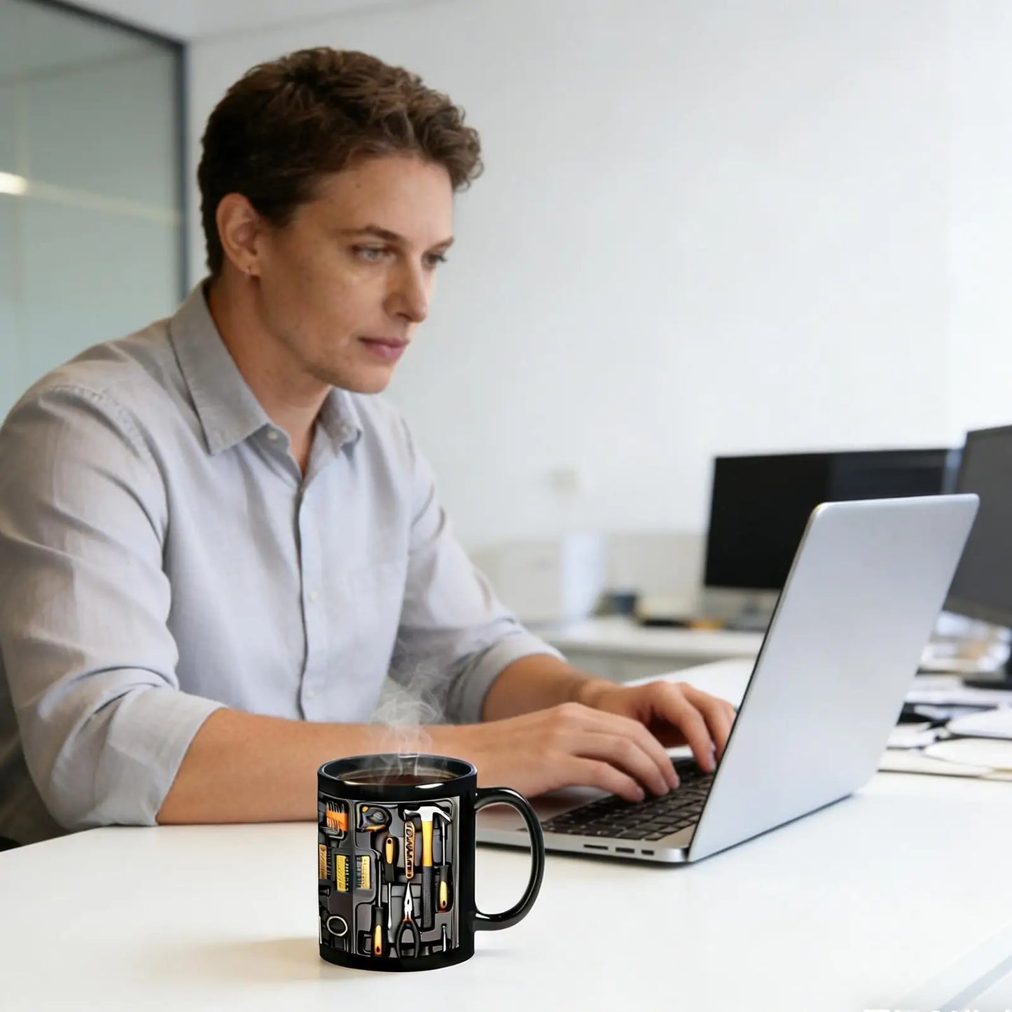 Coffee Cup Toolbox Themed C-Shaped Handle Mechanic's Toolbox Mug for Husband Dad Birthday Christmas Thanksgiving Cappuccino