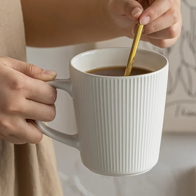 Coffee Cup Vintage Style Striped with Handle Simple Ceramic High Capacity Milk Breakfast Mug for Household Office Water Cup