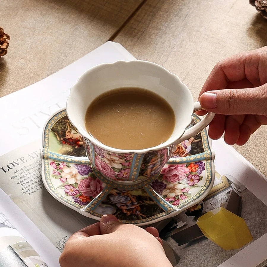 Coffee Cup and Saucer Set Ceramic Retro Seasons Flower Coffee Mug Euro Phnom Penh Latte, Espresso Cup Porcelain Drinkware Gift