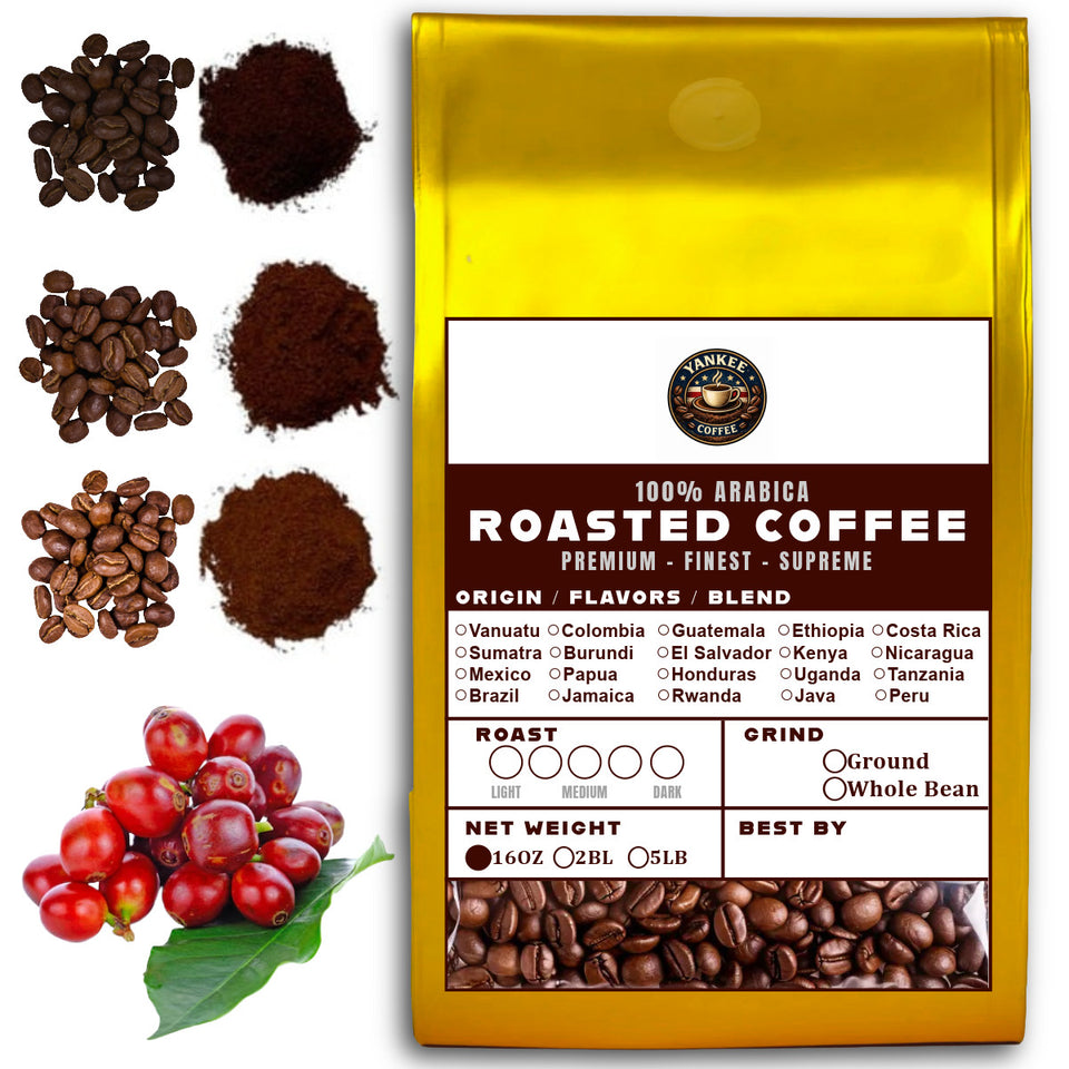 16 OZ Specialty Whole Bean and Ground Coffee Supreme Finest Artisan for Drips Cold Brew Espresso French Press Dark Medium Light Roast from Vanuatu Sumatra Ethiopia Brazil Kenya Colombia Guatemala Burundi Costa Rica East Java El Salvador Honduras etc